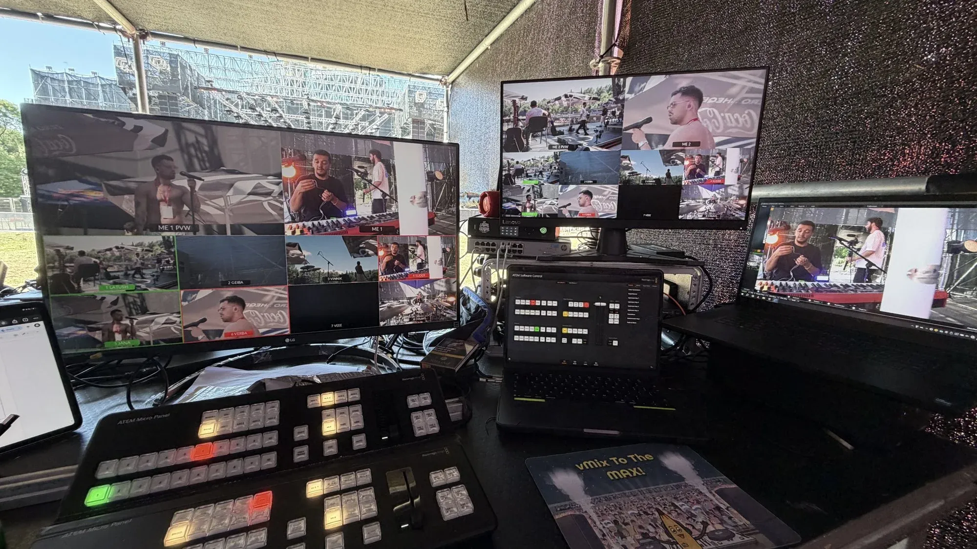 Broadcast control position with camera multiview monitors, laptops and video switcher panels